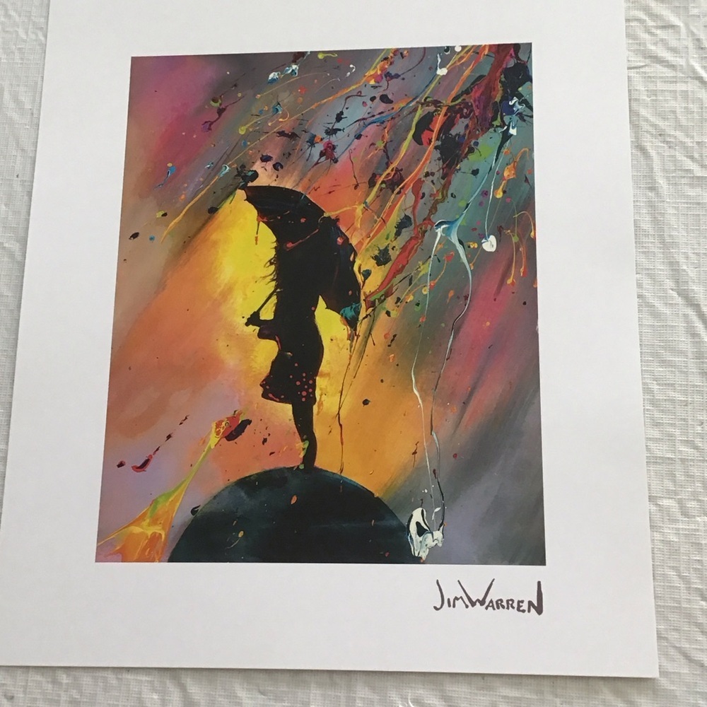 Black Silhouette Umbrella Art Lithograph Vibrant Multicolor Accent
